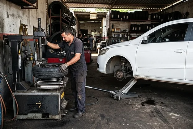 Carro recebendo manutenção de pneus em uma borracharia em Teixeira de Freitas.